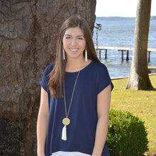 Load image into Gallery viewer, Lifestyle view of our Disc Tassel Necklace