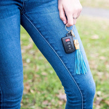 Load image into Gallery viewer, Lifestyle view of our Turquoise Bamboo Chunky Keychain