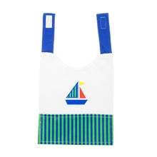 Load image into Gallery viewer, Front view of our Green Sailboat Boy Vinyl Pocket Bib