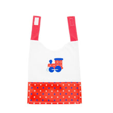 Load image into Gallery viewer, Front view of our Red Train Boy Vinyl Pocket Bib