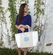 Load image into Gallery viewer, Model holding a White Linen Weekender Tote