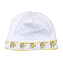 Load image into Gallery viewer, Font view of our Yellow Elephant Smocked Beanie