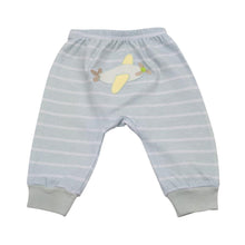 Load image into Gallery viewer, Back of the blue striped baby pants with an airplane applique