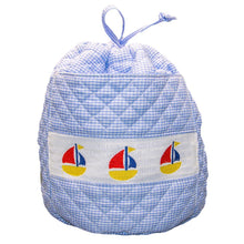 Load image into Gallery viewer, Blue Sailboat Smocked Ditty Bag
