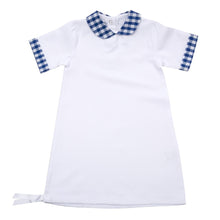 Load image into Gallery viewer, White baby gown with collar and sleeve details in blue gingham