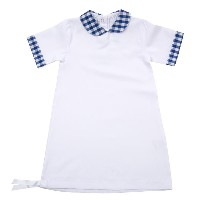 White baby gown with collar and sleeve details in blue gingham