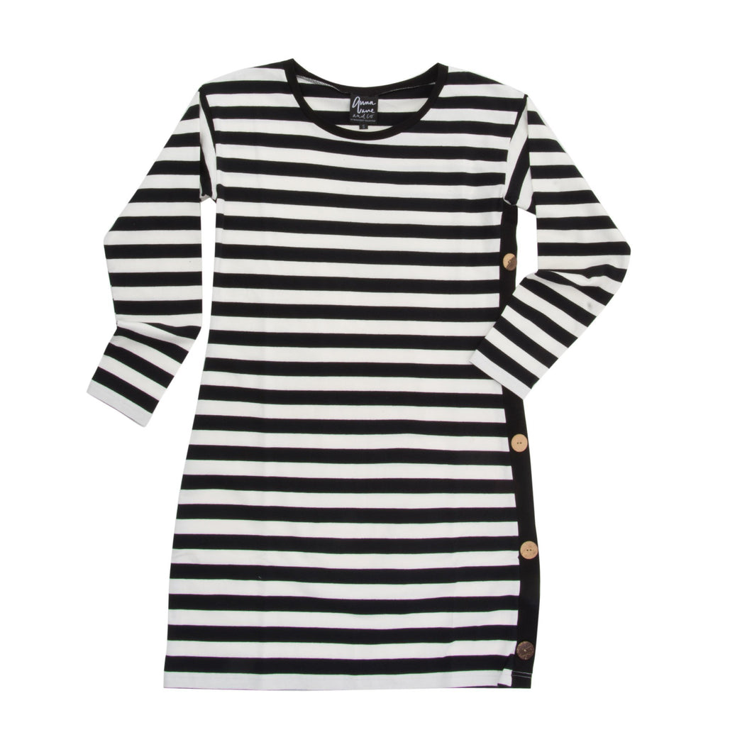 Front view of our Black Stripe Button Dress