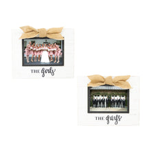 Load image into Gallery viewer, White frame with burlap bow, black hand lettering
