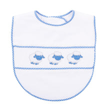 Load image into Gallery viewer, Front view of our Blue Lamb Smocked Bib
