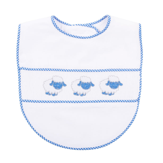 Front view of our Blue Lamb Smocked Bib