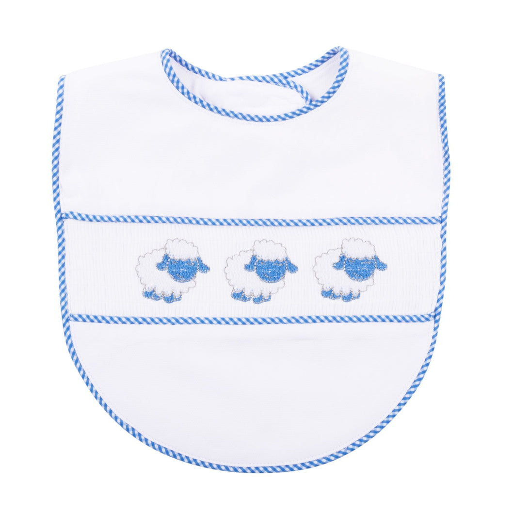 Front view of our Blue Lamb Smocked Bib