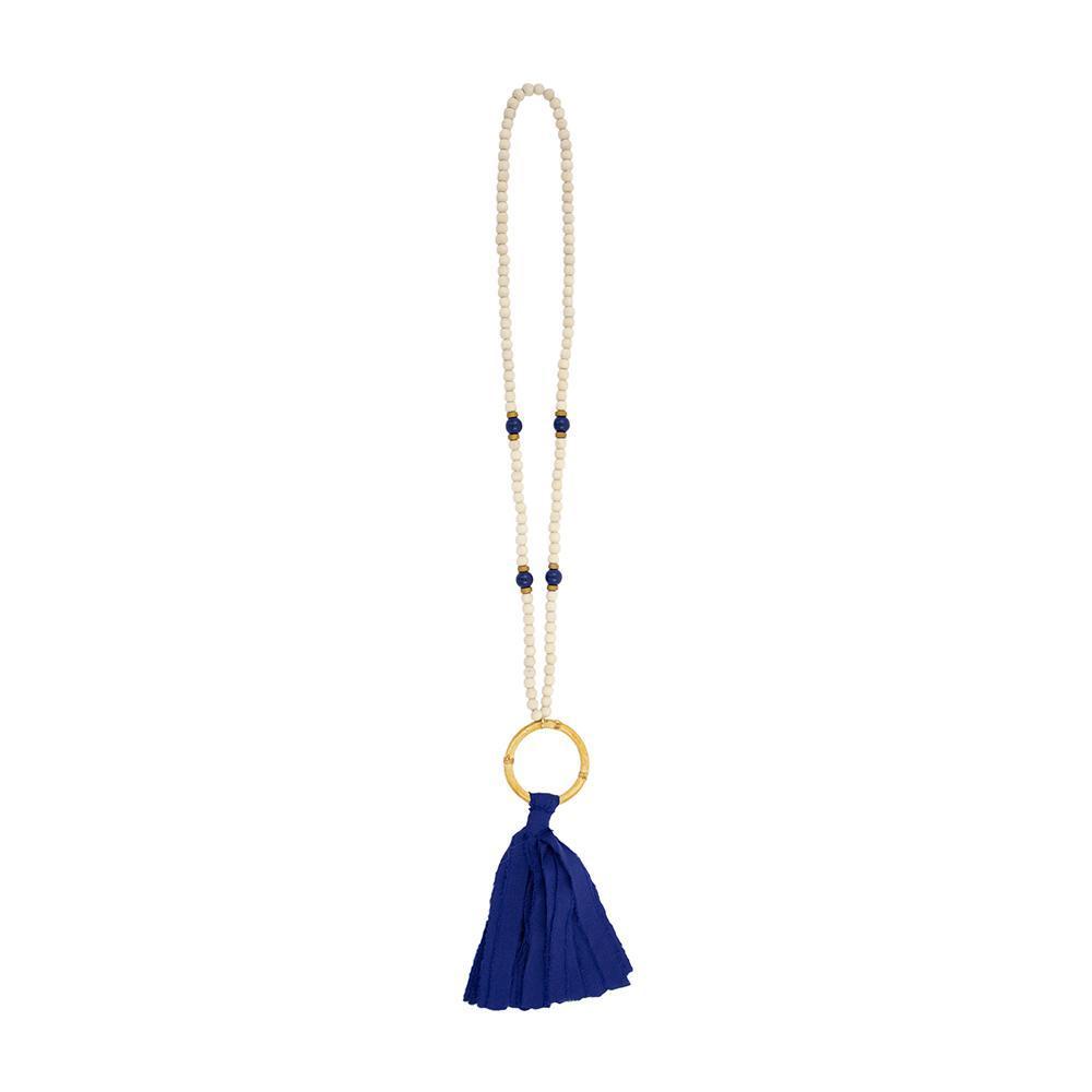 Front view of our Navy Bamboo Tassel Necklace