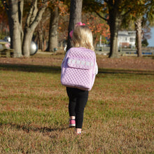Load image into Gallery viewer, Lifestyle image of our Pink Bunny Smocked Backpack
