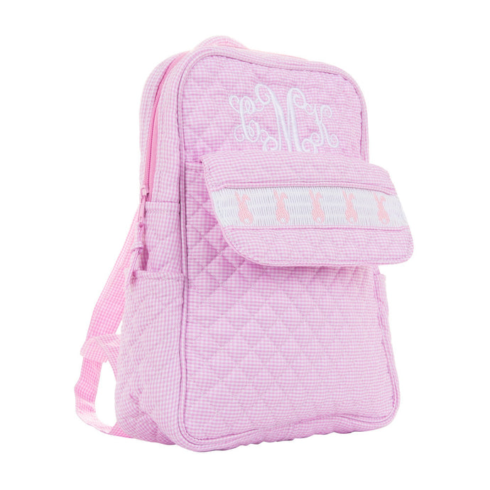 Monogrammed view of our Smocked Pink Bunny Backpack