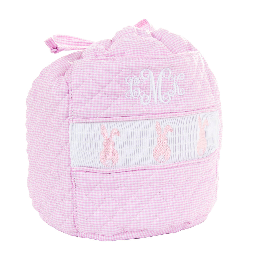 Monogrammed view of our Smocked Pink Bunny Ditty Bag