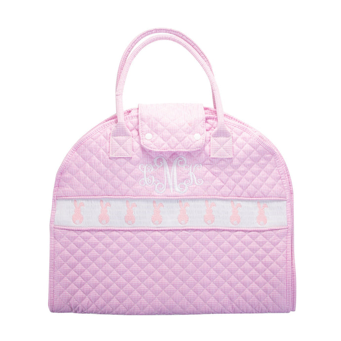 Monogrammed view of our Smocked Pink Bunny Garment Bag