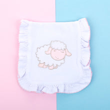 Load image into Gallery viewer, Lifestyle image of our Pink Lamb Ruffle Burp Cloth
