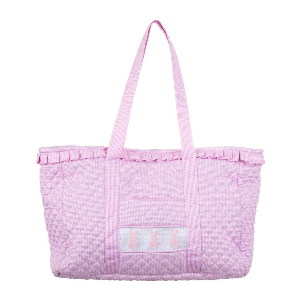 Front view of our Smocked Pink Bunny Tote Bag