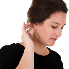 Load image into Gallery viewer, Lifestyle view of our Green Bead Clover Earrings
