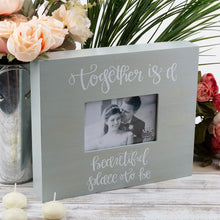 Load image into Gallery viewer, Gray Together is a Beautiful place to be Box frame with handlettering in White.
