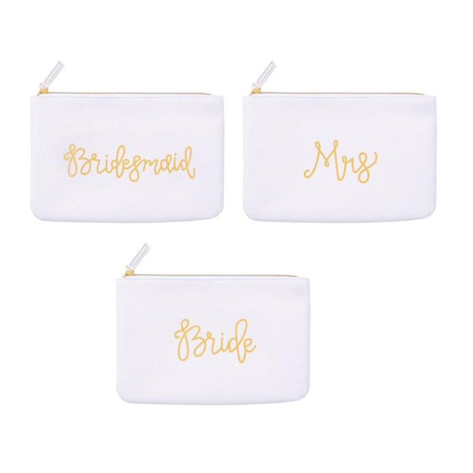 All three white bridal pouches with gold hand lettering Bride, Mrs., Bridesmaid, gold zipper 
