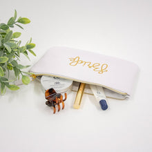 Load image into Gallery viewer, MRS white zippered pouch, hand lettered in gold, with make-up 
