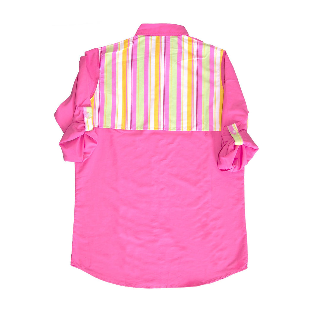 Back view of our Pink Button-Up Cover Up Shirt