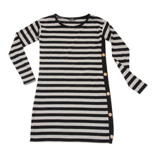 Load image into Gallery viewer, Front view of our Black and Gray Stripe Long Sleeve Button Dress
