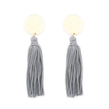 Load image into Gallery viewer, Disc Tassel Earrings in gray and gold
