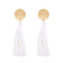 Load image into Gallery viewer, Disc Tassel Earrings in white and gold
