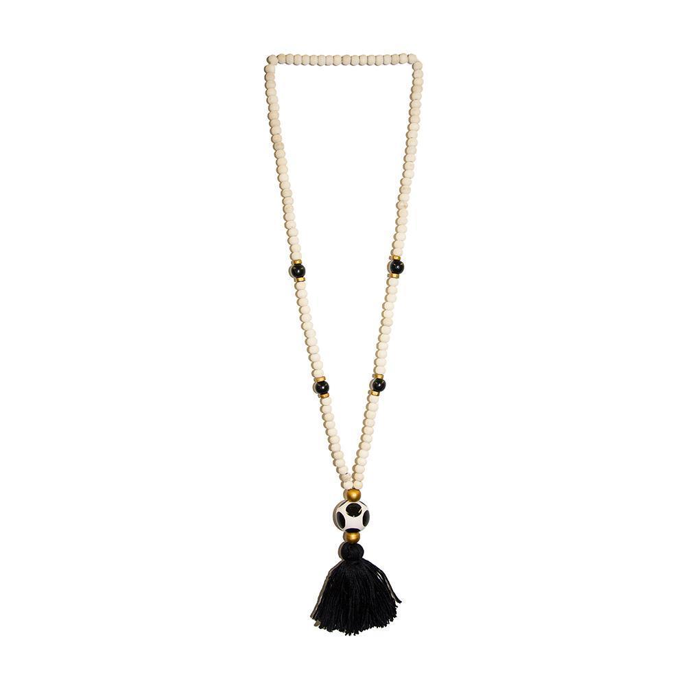 Front view of our Black Fall Ceramic Bead Tassel Necklace