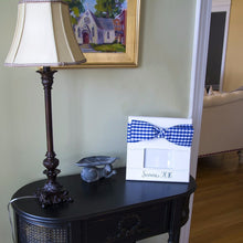 Load image into Gallery viewer, Blue Gingham bow frame on a console table at a home
