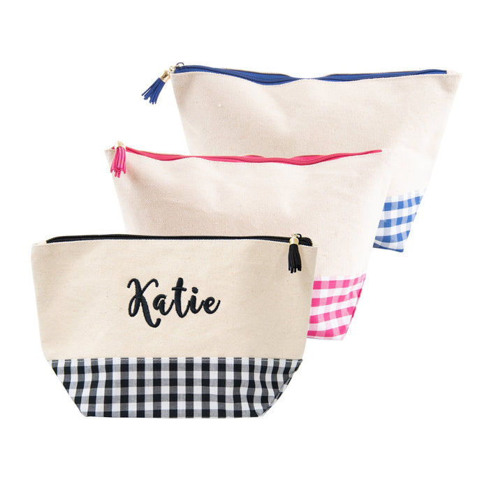 Monogrammed image of our Gingham Boarding Now Cosmetics