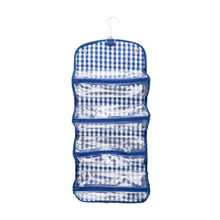 Load image into Gallery viewer, Open View of our Blue Gingham Roll Up Cosmetic Bag
