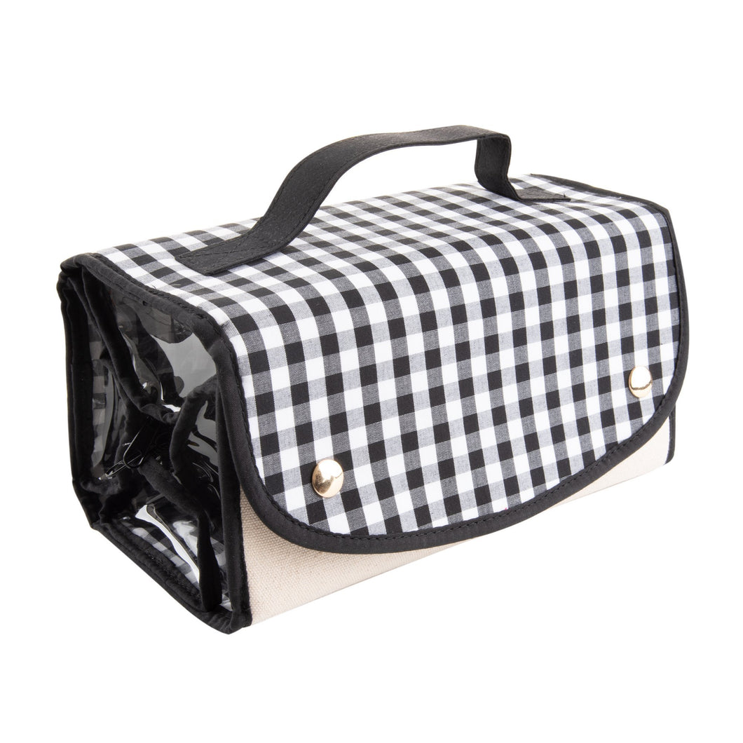 View of our Black Gingham Roll Up Cosmetic Bag