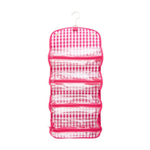 Load image into Gallery viewer, Open View of our Pink Gingham Roll Up Cosmetic Bag
