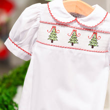 Load image into Gallery viewer, Lifestyle view of our Girl Christmas Tree Holiday Baby Smocked Day Gown
