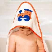 Load image into Gallery viewer, Lifestyle view of our Red Train Boy Hooded Towel
