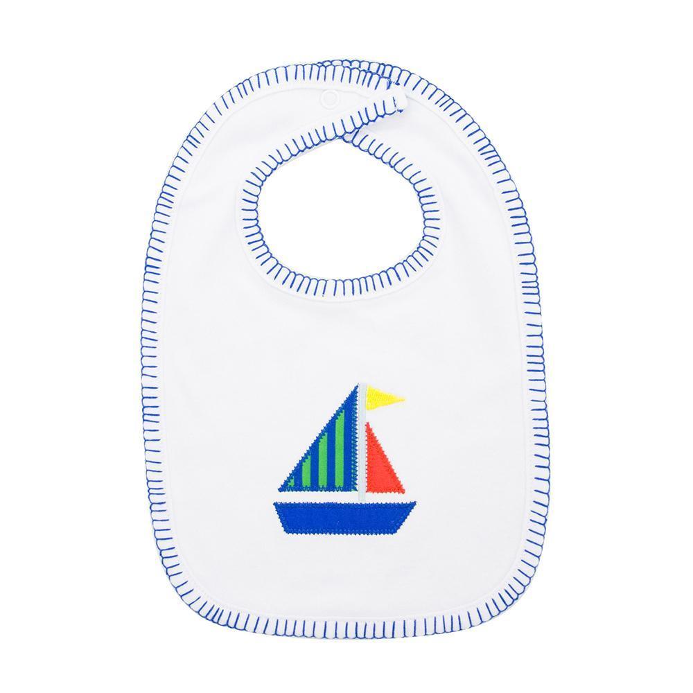 Front view of our Green Sailboat Boy Icon Bib