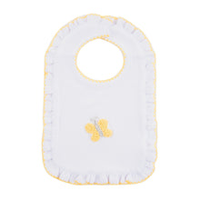 Load image into Gallery viewer, Front view of our Yellow Butterfly French Knot Bib

