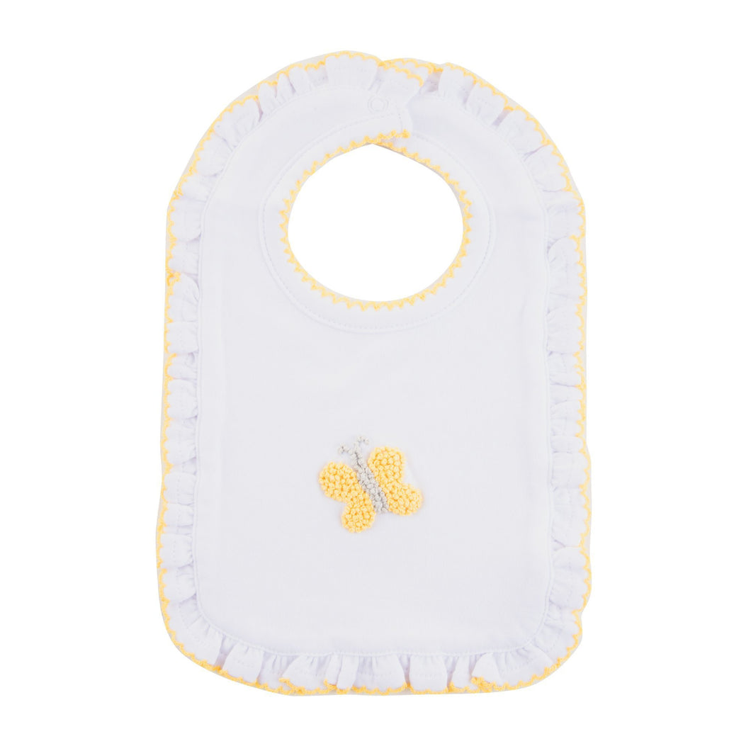 Front view of our Yellow Butterfly French Knot Bib