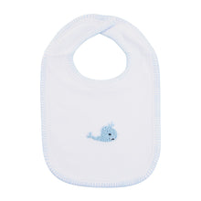 Load image into Gallery viewer, Front view of our Blue Whale French Knot Bib
