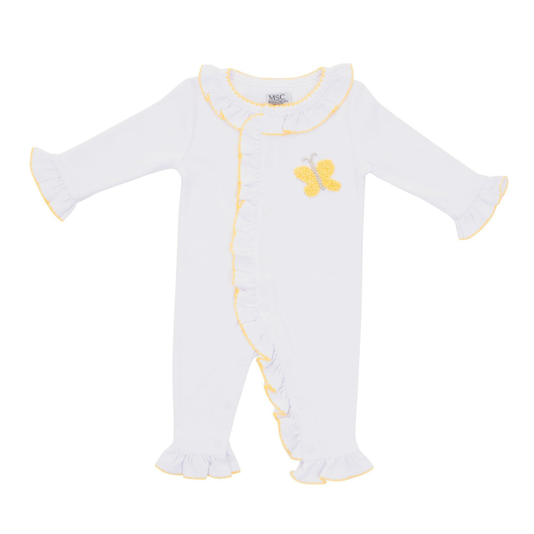Front view of our Yellow Butterfly French Knot Convertible Onesie