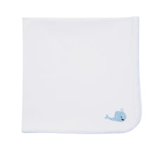 Load image into Gallery viewer, Front view of our Blue Whale French Knot Blanket
