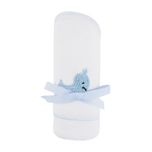 Load image into Gallery viewer, Front view of our Blue Whale French Knot Hooded Towel
