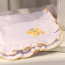 Load image into Gallery viewer, Lifestyle view of our Yellow Butterfly French Knot Burp Cloth
