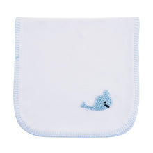 Load image into Gallery viewer, Front view of our Blue Whale French Knot Burp Cloth
