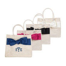 Load image into Gallery viewer, Monogrammed image of our Linen Bow Handbags
