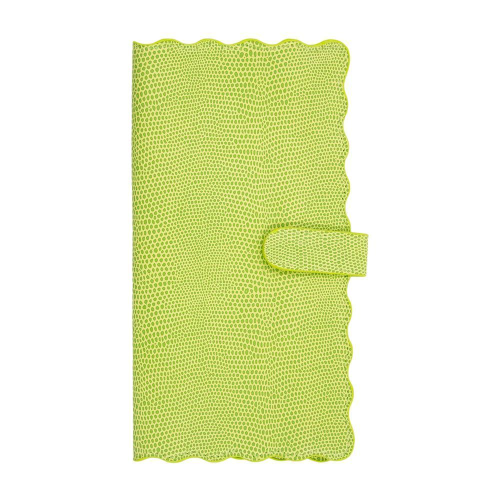 Front view of our Green Lizard Scallop Travel Wallet