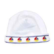 Load image into Gallery viewer, Font view of our Navy Boat Smocked Beanie
